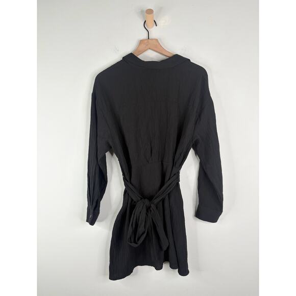 Zara Black Long Sleeve Shirt Dress Womens Large Belt Tie Waist Blogger Fave - Picture 8 of 11